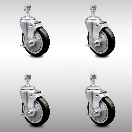 Service Caster 5 Inch SS Black Polyurethane Wheel Swivel 1/2 Inch Threaded Stem Caster Set Brake SCC-SSTS20S514-PPUB-BLK-TLB-121315-4